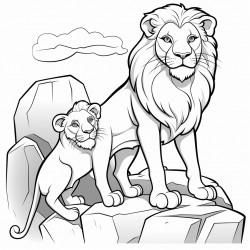 a lion and a lioness standing in a rock