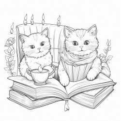 cats reading with hot chocolate