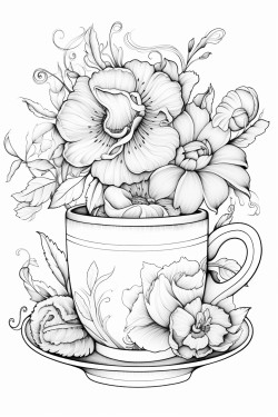 eine tasse tee und bcher und blumeb