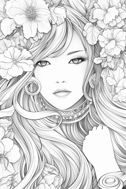 greyscale adult coloring page with manga woman with long hair