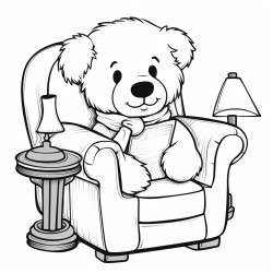 fluffy teddy dog in an armchair reading a book with a lamp