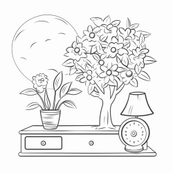 coloring book for children tree leaves snow stone  grass flowers lamp tv and telephone