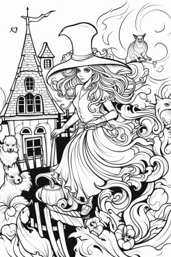 pretty witch with her cat on her broomstick flying over a cozy tudor style town decorated for halloween with jackolanterns and ghosts in an elegant art nouveau style