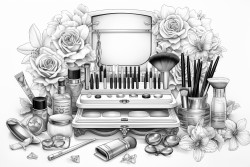a chic vanity with an elegant mirror surrounded by makeup brushes foundations eyeshadow palettes and lipstick tubes
