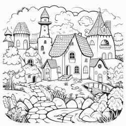 a whimsical village scene with charming houses and the enchanted forest in the background
