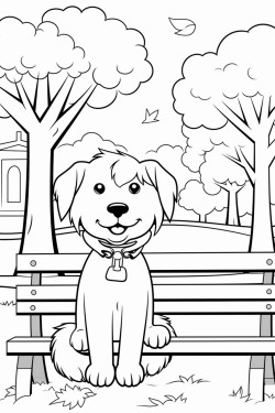 a smiling dog holding a piece of paper in the background a park with trees and a bench  autumn atmosphere
