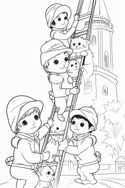 a group of children dressed as french firefighters rescuing a kitten from a tree