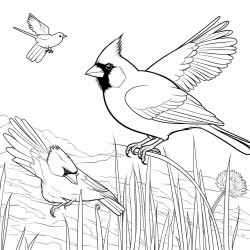 a cardinal a blue jay and a gold finch flying around a big open field