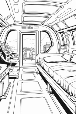 futuristic space ship cabin with bed and with screens with desk space futuristic detail
