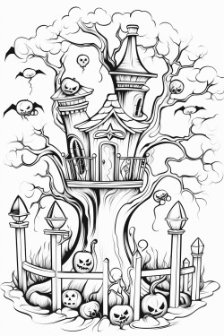 a jar with a haunted house spooky trees gravestones bats a crooked fence