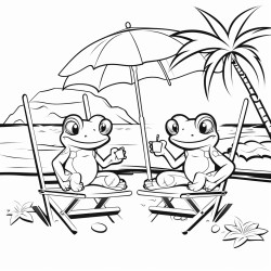 kawai cartoon frogs at beach scene