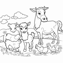 a cow and a sheep and a pony with some chickens in a paddock with daisies and grass
