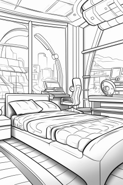 expensive futuristic hotel room from the future with a bed and windows