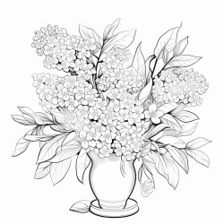 create a blackandwhite coloring page of a lilac bouquet in a vase use bold outlines for the small lilac flowers and a simple elegant vase ensure enough space between flowers leaves and the vase for easy coloring the overall design should have clear sections free of color