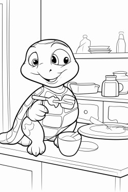 turtle is sitting in a cozy kitchen he eats his breakfast