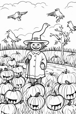 pumpkin patch with orange pumpkins all over a field with a scarecrow in the middle and crows flying away