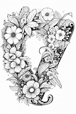 the letter v made into a coloring page with doodle flowers