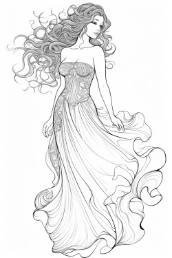 colouring pages beautiful whole body woman with a long flowing dress no shading not many lines large areas for colouring