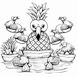 a pineapple flamingo with its friends in a river upside down pineapples hiding throughout