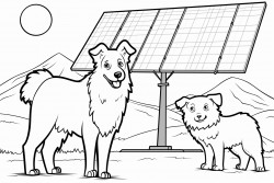 a border collie and a sheep under a solar panel in a field