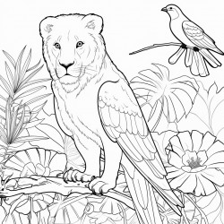 lion in a rainforest with a parrot and a lizard