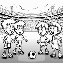 a soccer game in a stadium with four players disputing a match