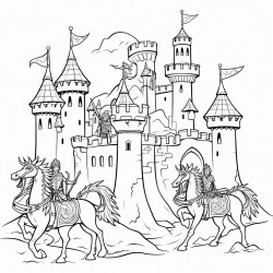 a medieval castle with knights and a dragon