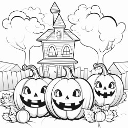 halloween pumpkins smiling in front of a house