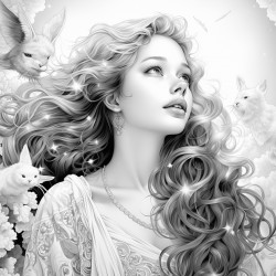 a girl looking up at a star filled sky with an angel behind her and putting a hand on her shoulder for comfort