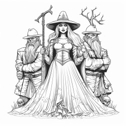 short female witch surrounded by three tall guys dressed in classic horror costumes