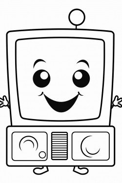 a cute tv with a happy face antennas and a small remote control next to it