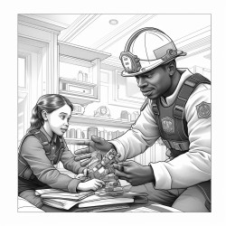 firefighter showing kids how to test a smoke detector