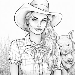 a beautiful country woman with check shirt and a hairbun leaning against a scarecrow