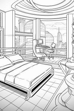 expensive futuristic hotel room from the future with a bed and windows