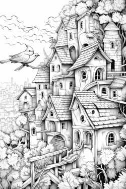 birds sauring above houses