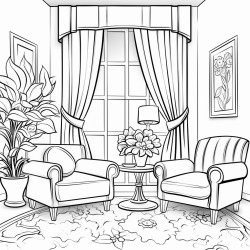 art deco living room tall windows floral curtains