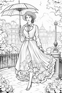 a woman in a walking dress with a parasol