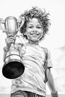 young boy skateboarder holding trophy aloft
