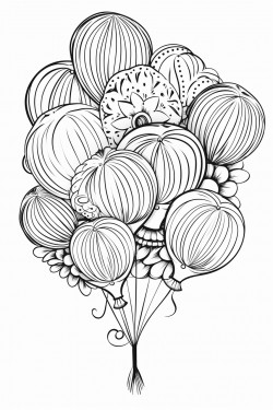 a whimsical arrangement of balloons in different shapes and sizes