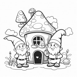gnomes in front of a mushroom house eating candy