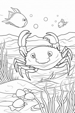 cute crab with fish in backround and ocean details