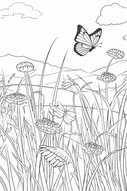 a beautiful meadow filled with wildflowers tall grass and butterflies flying around under a clear blue sky