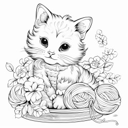 can you design a coloring sheet with a cute chubby cat playing with yarn