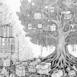 intricate wrapping paper on multiple gifts under a tree