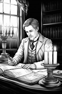 exaggeratedly tired lawyer working at a desk late at night to candlelight
