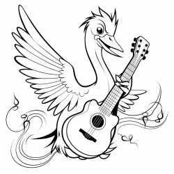 a crane with wings extended holding a guitar