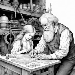 an old man teaching a little girl about woodworking