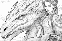 a warrior princess rides atop a great dragon