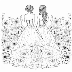 the back of two brides in wedding dresses in a field of flowers