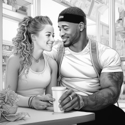 muscular african american man with a beautiful curvaceous caucasian woman having coffee at a coffee shop